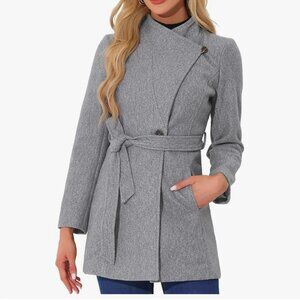 Allegra K Women's Stand Collar Long Sleeve Winter Belted Long Coat Medium